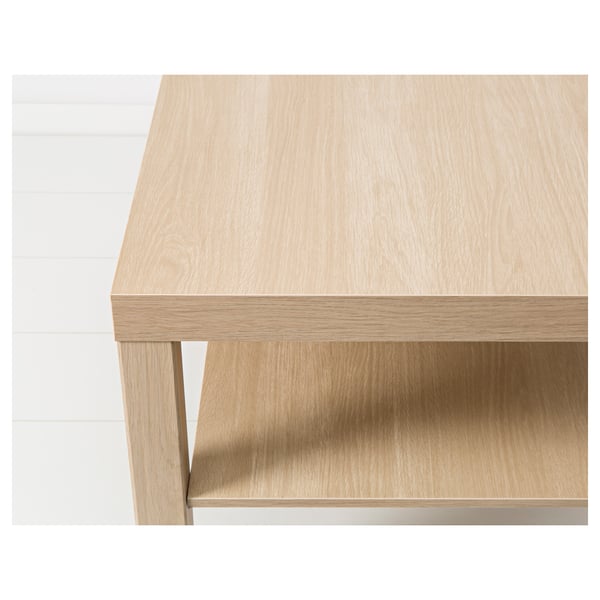 Closeup of modern, light wooden table with single lower shelf, sleek and sturdy design.