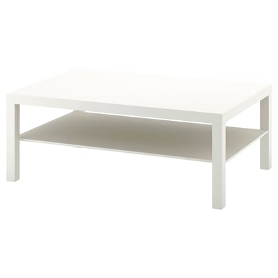White LACK coffee table, square, minimalist with clear top and bottom shelf.
