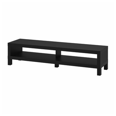 Depicts a bLACK LACK tv bench. Its rectangular, made of particleboard and fibreboard with a minimalist design featuring two open shelves.