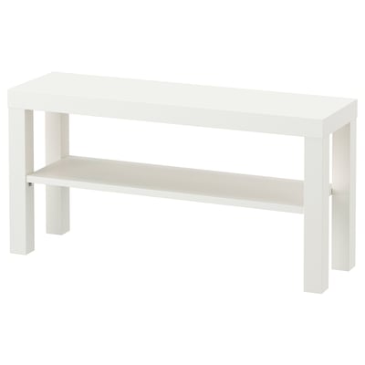 A white ikea LACK tv bench, rectangular in shape, with a simple and minimalist design. It has two shelves for storage and support.