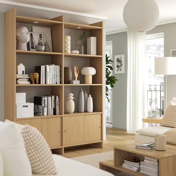 LÅDMAKARE Storage combination w sliding doors, with 6 shelves/oak effect, 159x35x212 cm