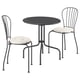 Black round outdoor table and two chairs with white cushion seats, metal frame with slatted backrests.