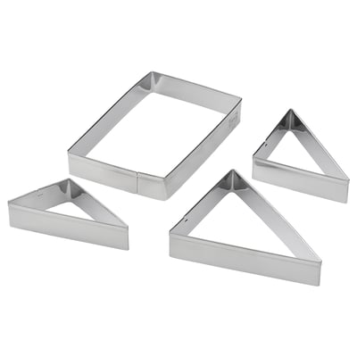 The LÄTTBAKAD cookie cutters set, stainless steel, including a rectangle and three triangles, designed for baking various shapes.
