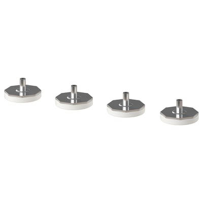 Four circular, metallic LÄTTHET feet with adjustable screws, designed for platsa storage, arranged in a row.