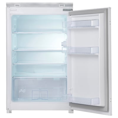A white, built-in refrigerator with glass shelves and transparent door compartments.