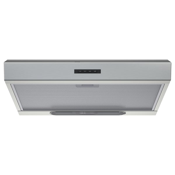 Stainless steel kitchen hood with led light and control panel.