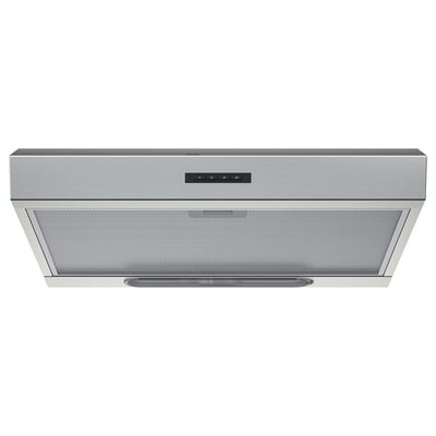 Stainless steel kitchen hood with led light and control panel.
