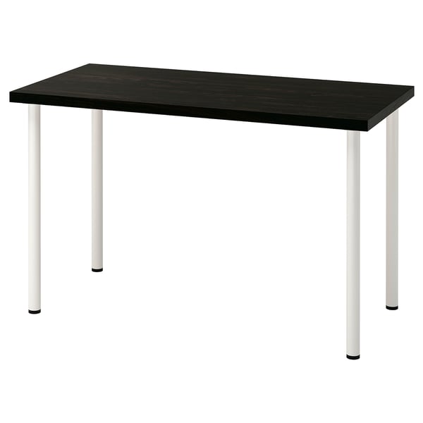 LAGKAPTEN: modern desk with dark top, white legs, adjustable feet, square shape.