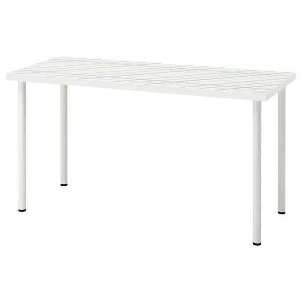 LAGKAPTEN white desk with colourful pattern, rectangular, wooden top, metallic legs.