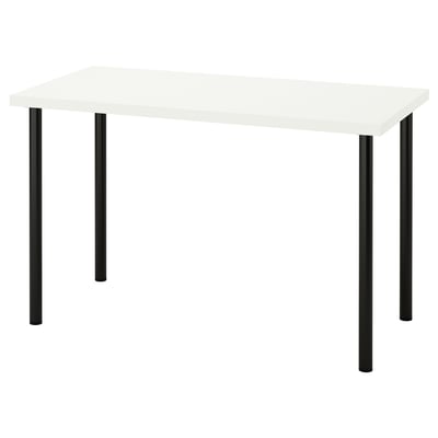 A modern desk, LAGKAPTEN, with white top and black metal legs, rectangular shape, and adjustable feet.