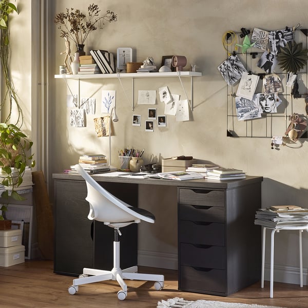 Personalised workspace with lagkaptén desk, dark, ample storage, adjustable shelves, artsy decor. Modern, minimal, large.