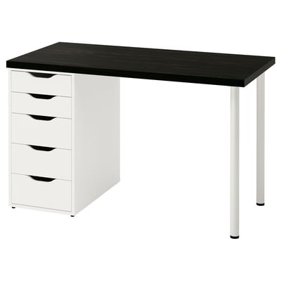 LAGKAPTEN desk, white with black top, rectangular, four legs, five drawers for storage.