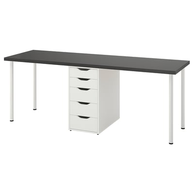LAGKAPTEN: black desk, white drawers, modern workspace.