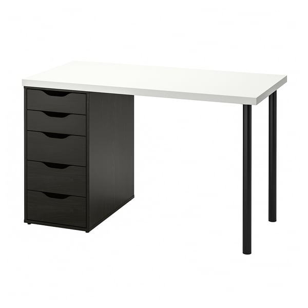 Black and white modern desk with four storage drawers.