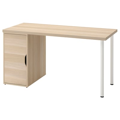 The LAGKAPTEN desk in light oak has one cabinet door. Its white with wooden desk top, rectangular, minimalist design.