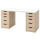 An ikea LAGKAPTEN desk in white with wooden drawers. Its compact, rectangular, and four drawers on each side for storage.