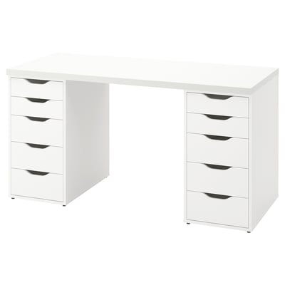 White LAGKAPTEN desk with two 5-drawer units, minimalist rectangle design.