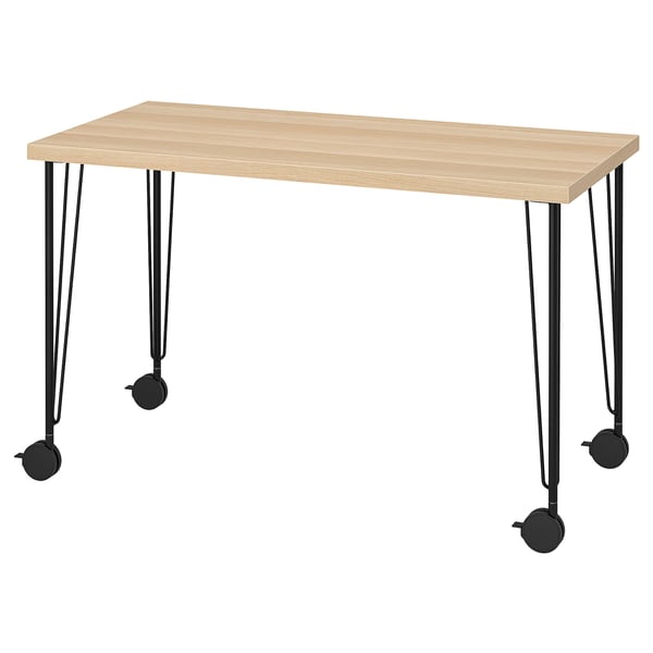 LAGKAPTEN: light wood desk with adjustable black legs and castors, rectangle shape, simple design.