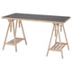 LAGKAPTEN: gray rectangular desk with light wood trestles. Tiltable top, sturdy design.