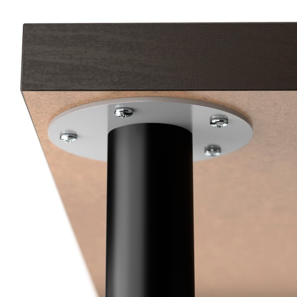 Table leg attached to top with metal plate and screws.