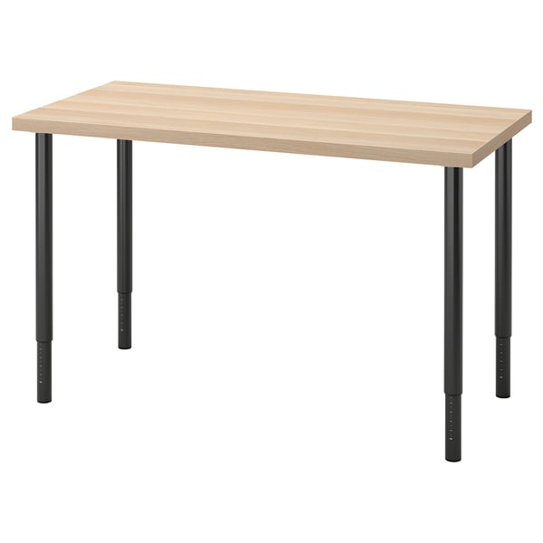 Depicts a LAGKAPTEN table with a light beige top and black, adjustable metal legs.