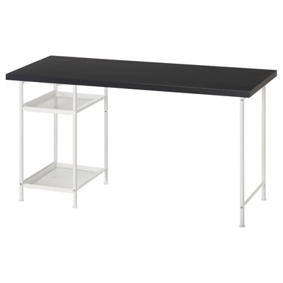 LAGKAPTEN desk: black top, white metal legs, 2 shelves, minimalist.