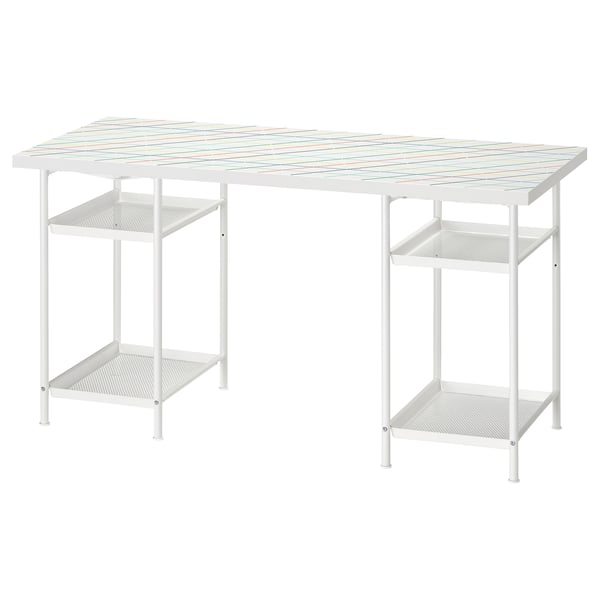 White metal desk with colourful tabletop and shelves.