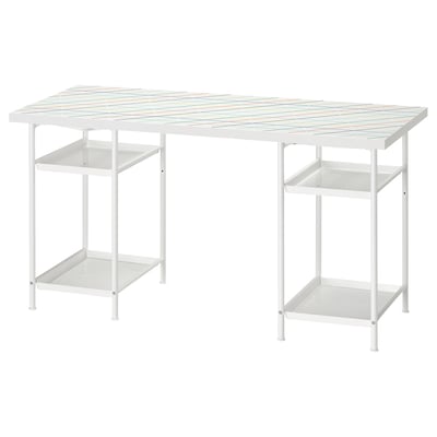 White metal desk with colourful tabletop and shelves.