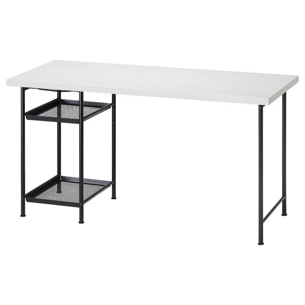 A LAGKAPTEN desk in white with black metal legs and mesh shelves.