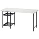 A LAGKAPTEN desk in white with black metal legs and mesh shelves.