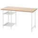 An IKEA LAGKAPTEN white desk with a light wooden top, featuring two mesh shelves.