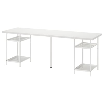 White LAGKAPTEN desk with white metal frames and shelves, rectangular top.