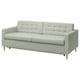 Light green sofa with wooden legs, square cushions, and a modern design.