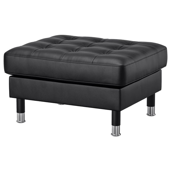 LANDSKRONA black leather footstool, square, four chrome legs.