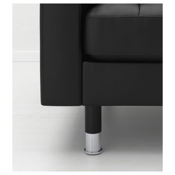 Sleek, black sofa leg with chrome-plated steel base; modern and polished look.
