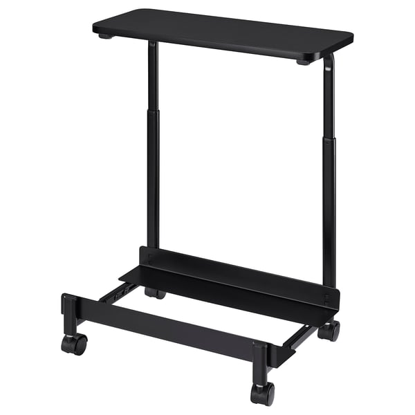 A black LÅNESPELARE cart with adjustable height and width for computer towers. It has a top shelf for extra storage and four wheels for easy movement.