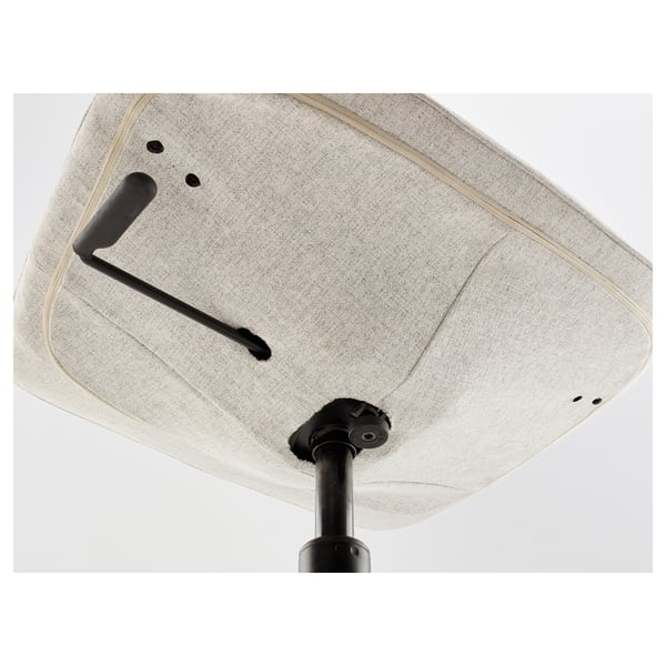 Underneath an office chair; visible gas lift, adjustable mechanism, and sturdy base.