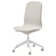 White LÅNGFJÄLL office chair with curved back, light fabric seat, and star base with five castors. Modern design, ideal for business settings.