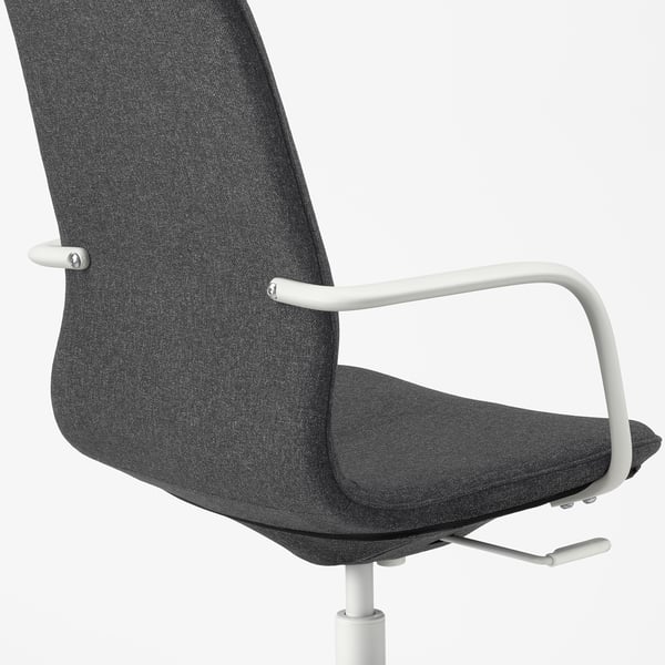 Modern office chair, black fabric, high back, adjustable arms, tilt mechanism, on wheels.