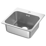 A sleek, stainless steel LÅNGUDDEN sink with a single tap hole. Its modern design is rounded with a deep basin, ideal for kitchen use.