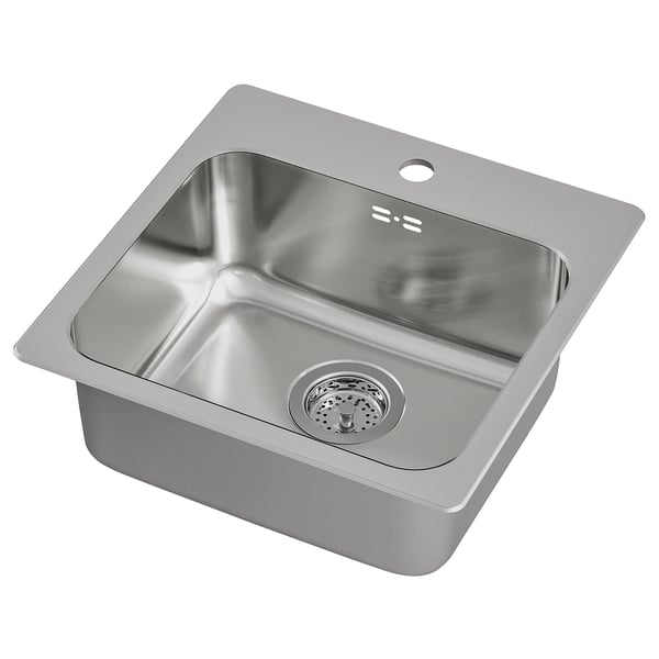 Stainless steel kitchen sink by ikea, square shape, single bowl with drainage area, shiny silver color, and modern design.