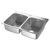 A stainless steel LÅNGUDDEN double basin kitchen sink. Its sleek, rectangular design two deep compartments for efficient washing and cleanup tasks.