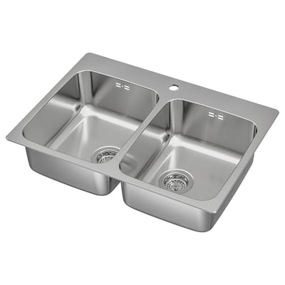 Double basin stainless steel sink, modern design, deep bowls, durable material.
