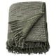 Dark grey-green handwoven throw, half cotton, half wool, fringed edges, rectangular shape.