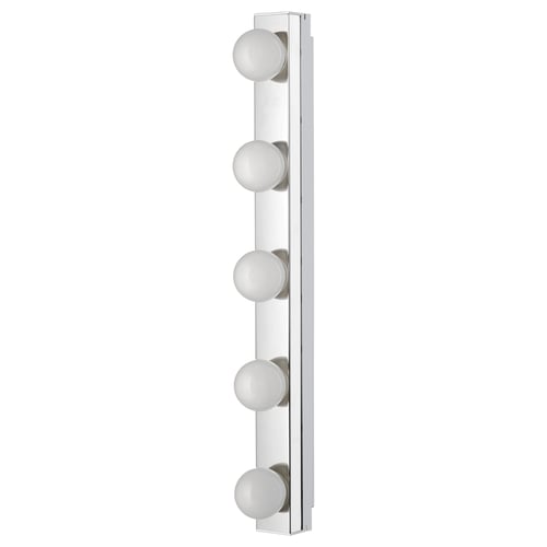 Led vanity lamp with 4 round bulbs, shiny chrome finish, and sleek rectangular design. Perfect for bathrooms.