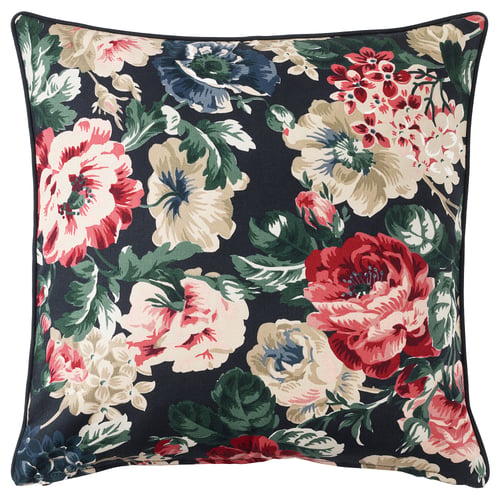 Floral patterned square pillow, navy blue background, colourful roses, zip closure, cotton, decorative home decor.