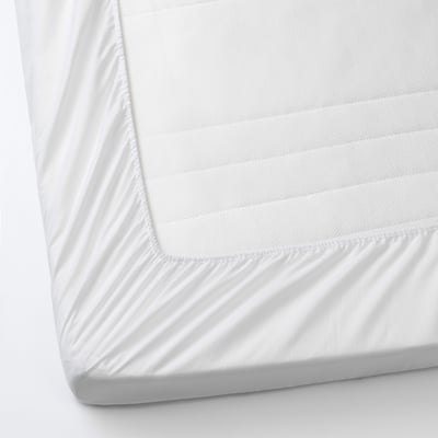 White, waterproof mattress protector, safe for kids.