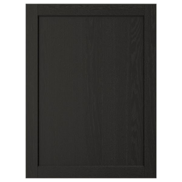 Black wooden cabinet door with a solid wood frame and bevelled edges. A traditional design with a veneer panel.
