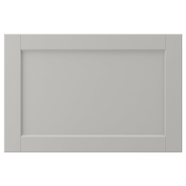 LERHYTTAN light grey kitchen cabinet front with solid wood frame and bevelled edges.