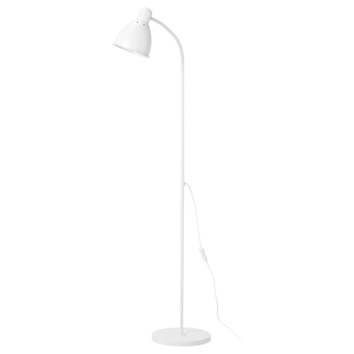 A white LERSTA floor lamp with a adjustable neck, standing on a circular base.